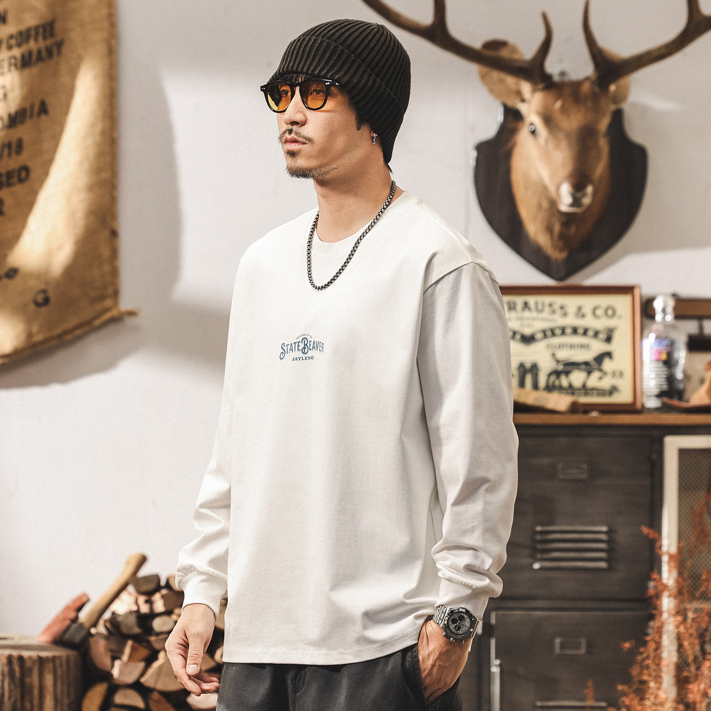 美式山系復古白色T恤男長袖寬鬆2026春季新款圓領休閒上衣男