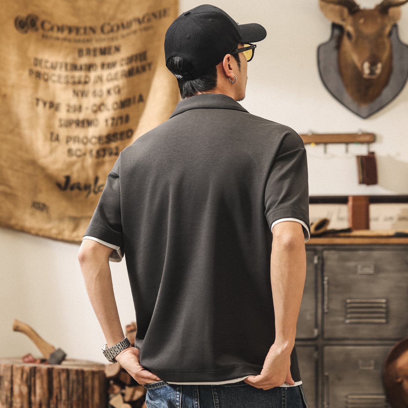 美式復古假兩件果凍棉涼感短袖Polo衫男夏季新款潮牌寬鬆男士T恤