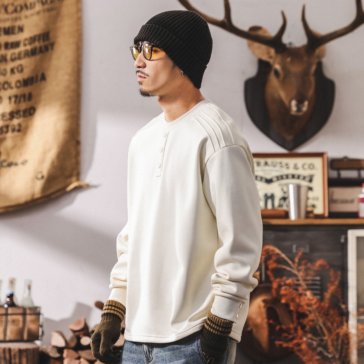 美式復古重磅加絨衛衣男款冬季加厚亨利領長袖男T恤潮牌寬鬆上衣