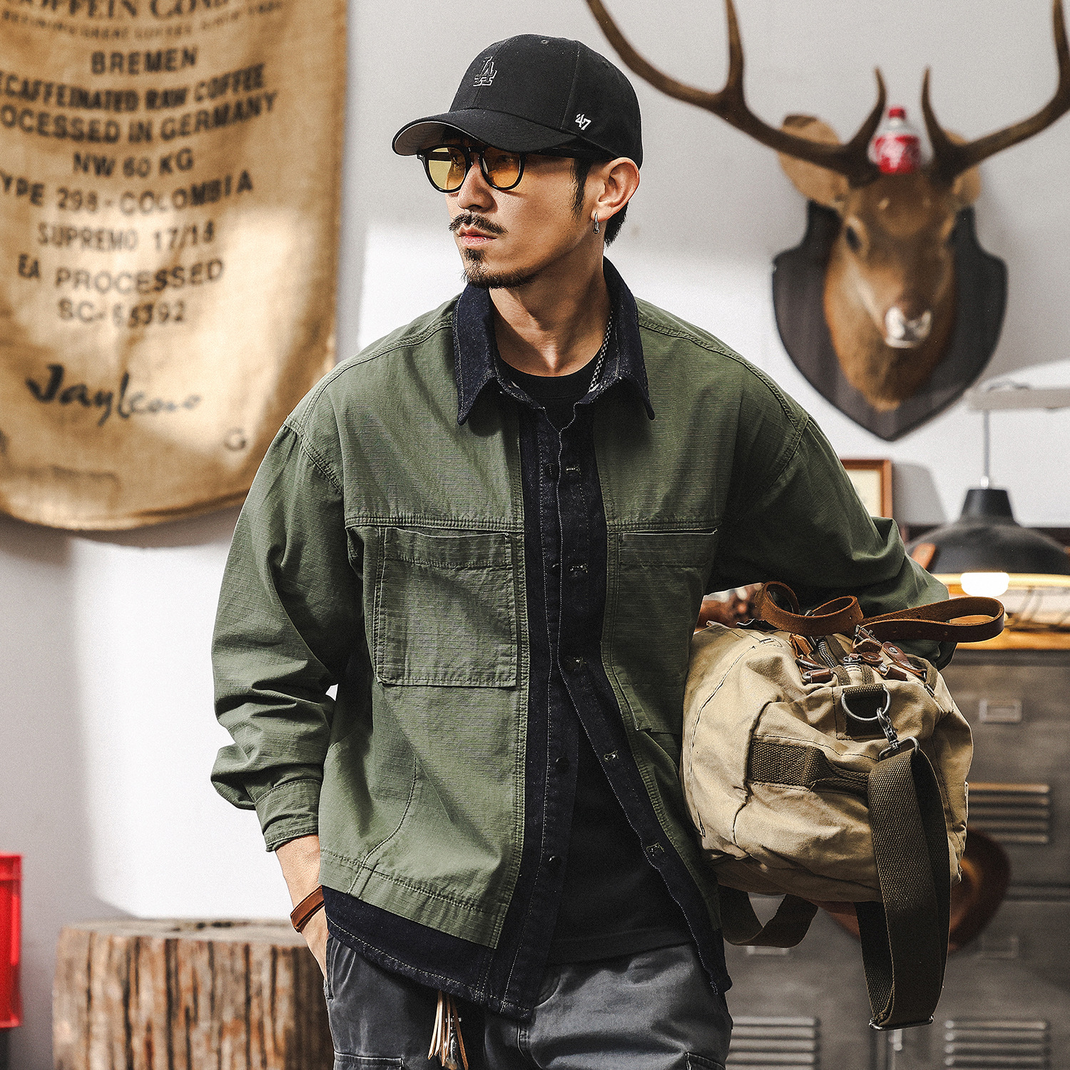 美式復古潮牌假兩件牛仔外套男秋季新款痞帥寬鬆工裝襯衣夾克男款