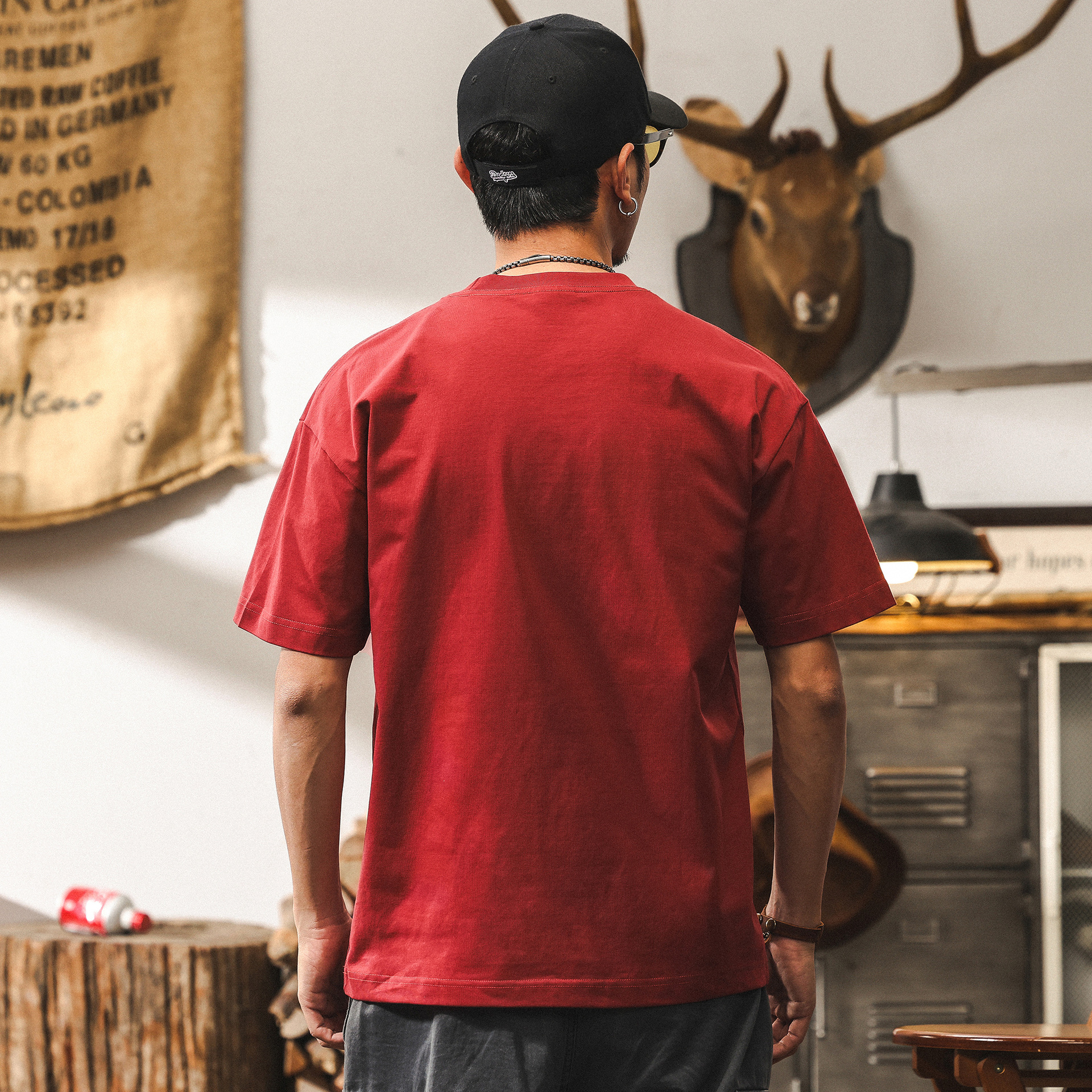 美式復古科技涼感T恤男夏季刺繡短袖男款潮牌寬鬆酒紅色大碼上衣T