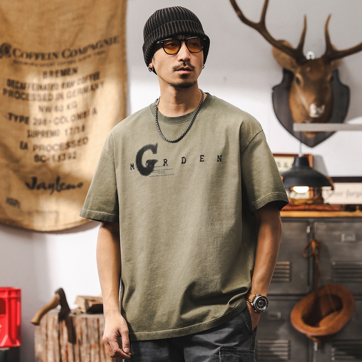 阿蘇特洗褪炒色短袖T恤男夏季美式復古臟染做舊水洗寬鬆休閒上衣T