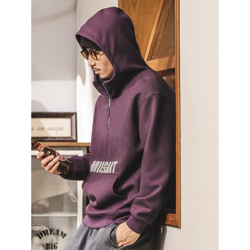 美式復古重磅半拉鍊衛衣男連帽春秋2025新款紫色潮流寬鬆外套秋季