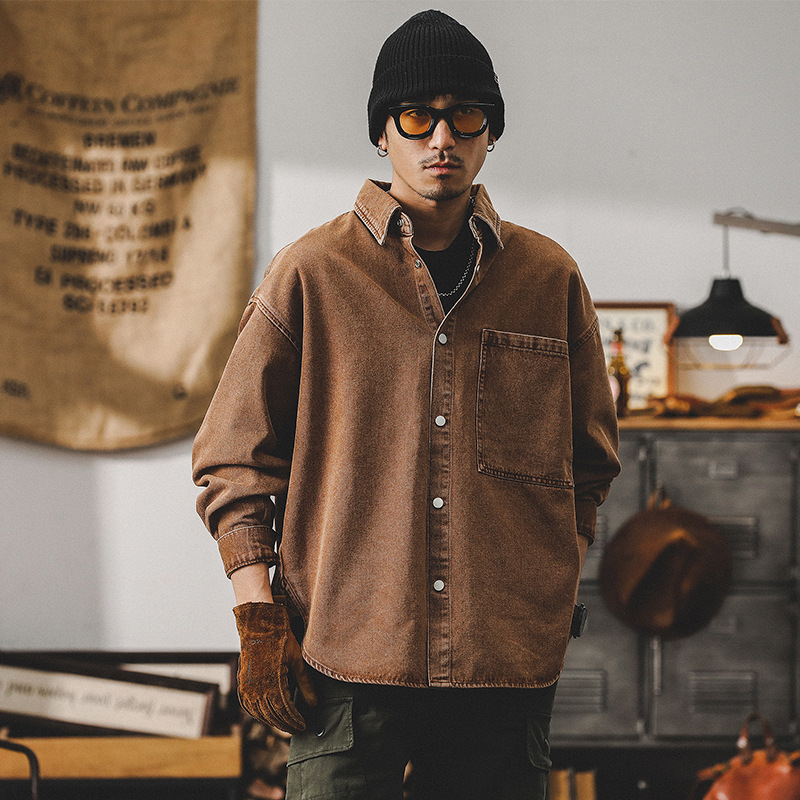 美式重磅長袖襯衫男寬鬆潮牌痞帥硬漢工裝夾克復古春季牛仔外套男