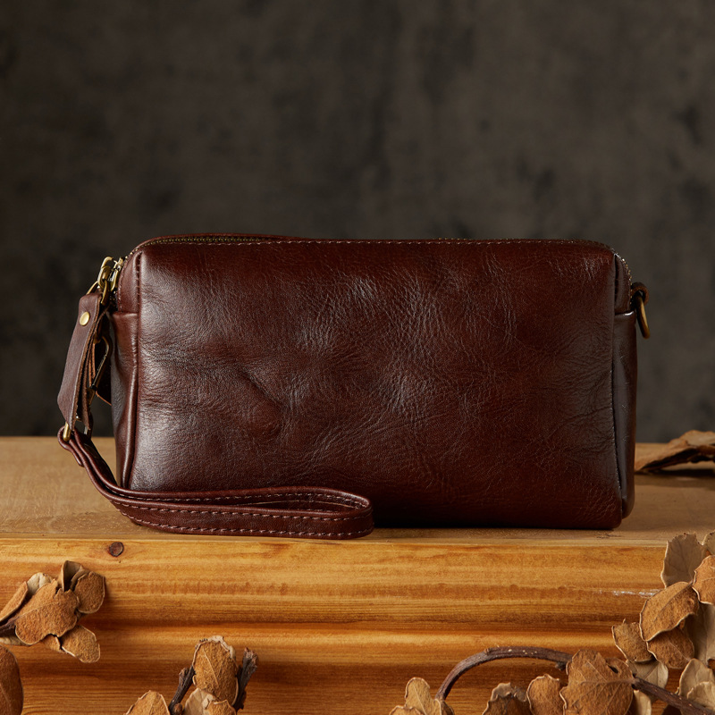 手工原創真皮手包男士休閒時尚單肩斜挎小包頭層牛皮多功能手機包