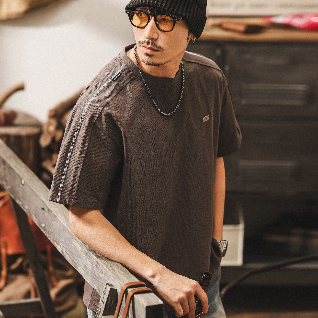 美式復古男士短袖T恤夏季2026新款拼接肌理潮流寬鬆休閒半袖體恤