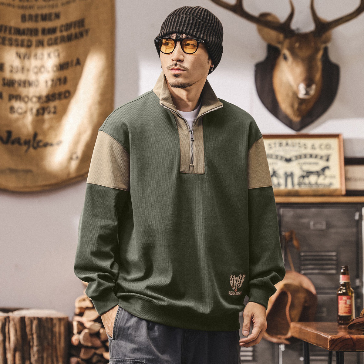 美式復古半拉鍊重磅衛衣男春秋2025新款撞色拼接寬鬆休閒上衣男潮