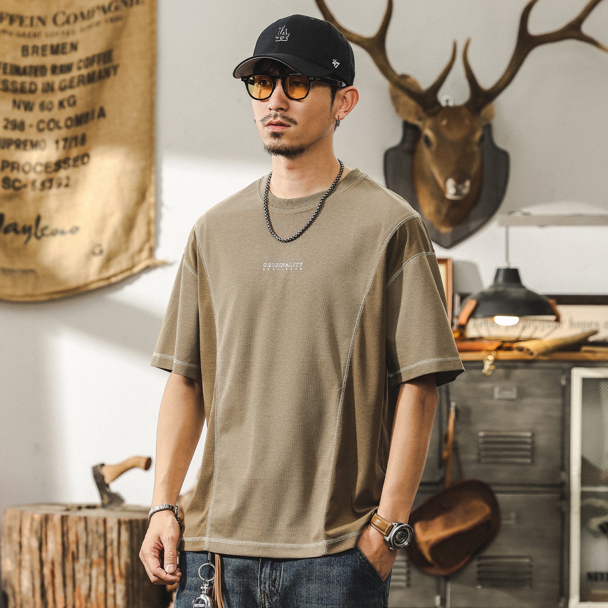 萊賽爾天絲卡其色夏季T恤男寬鬆透氣短袖男款潮牌撞色大碼上衣男