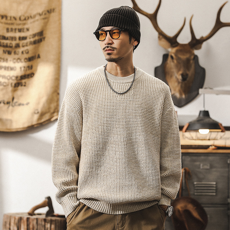 美式復古重磅毛衣男冬季加厚潮牌線衫男日系慵懶風寬鬆休閒針織衫