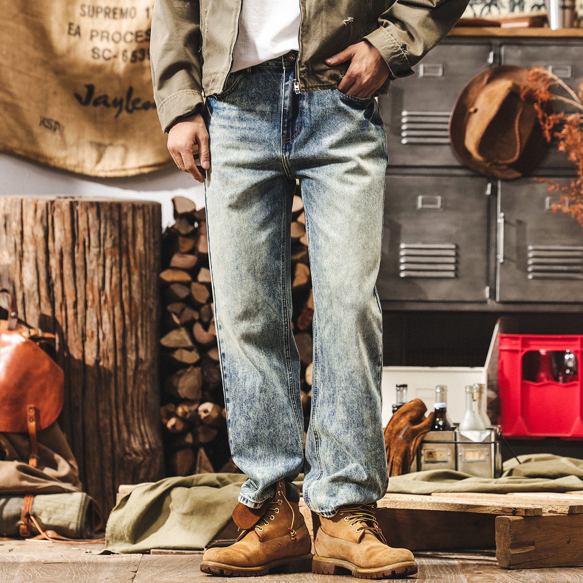 美式復古寬鬆牛仔褲男直筒春季新款淺藍色水洗春秋大碼休閒長褲子