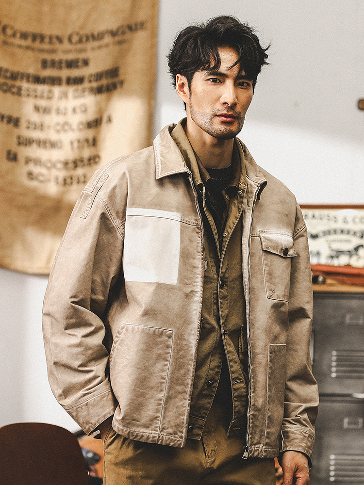 美式經典重磅翻領夾克男春秋潮牌複古做舊髒洗休閑工裝外套男