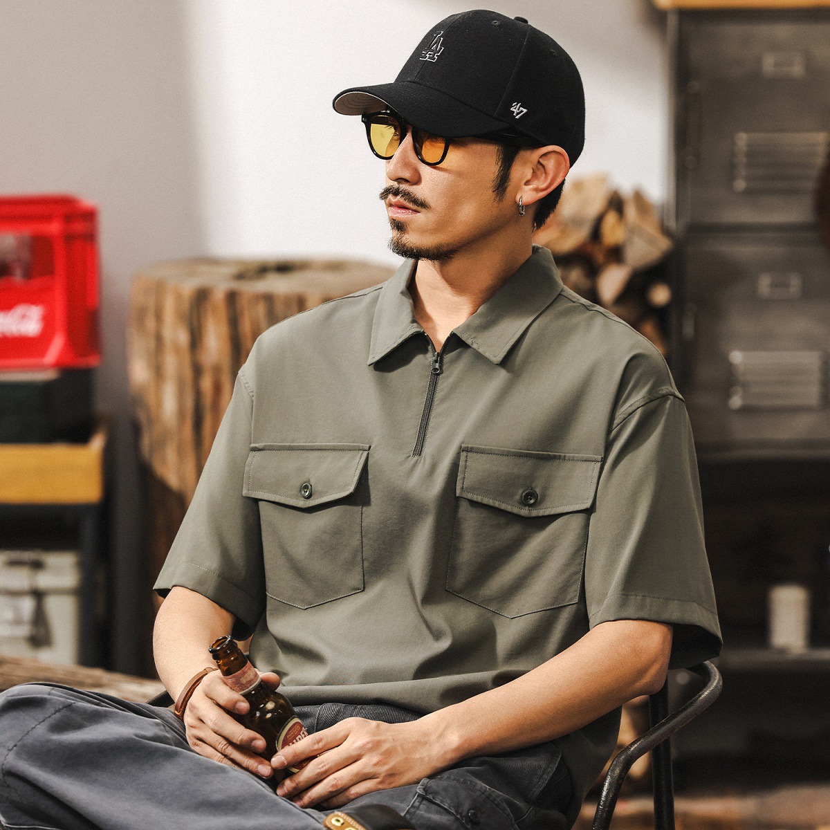 優可絲UPF50 防曬半拉鍊男士polo衫夏季短袖潮牌工裝寬鬆涼感T恤