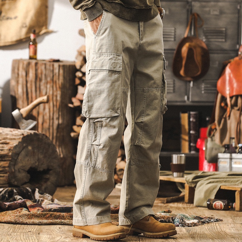 美式復古水洗做舊大口袋工裝褲男秋季潮牌寬鬆直筒男士闊腿休閒褲