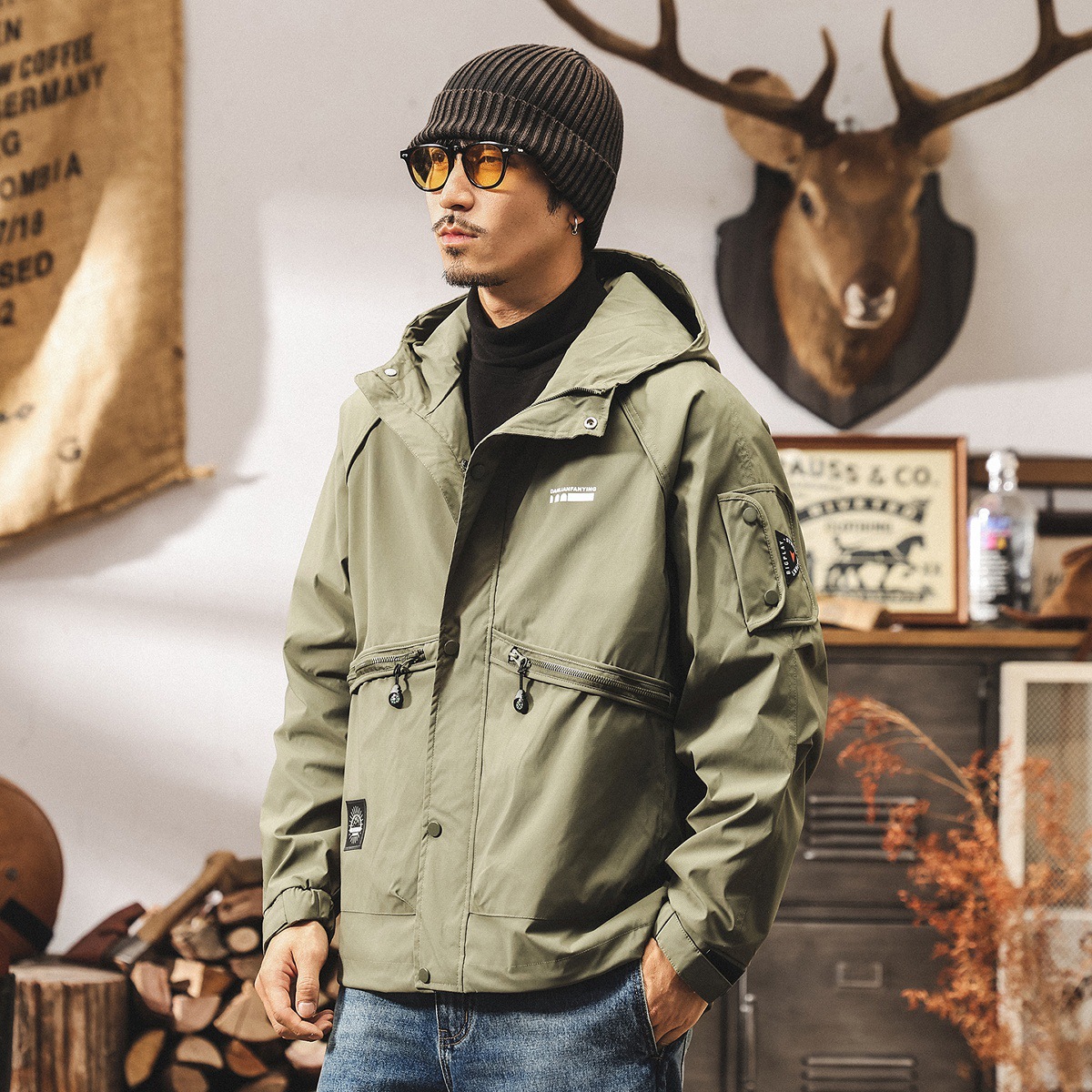 美式復古防風工裝外套男春秋連帽男士潮流山系戶外教練獵裝夾克男