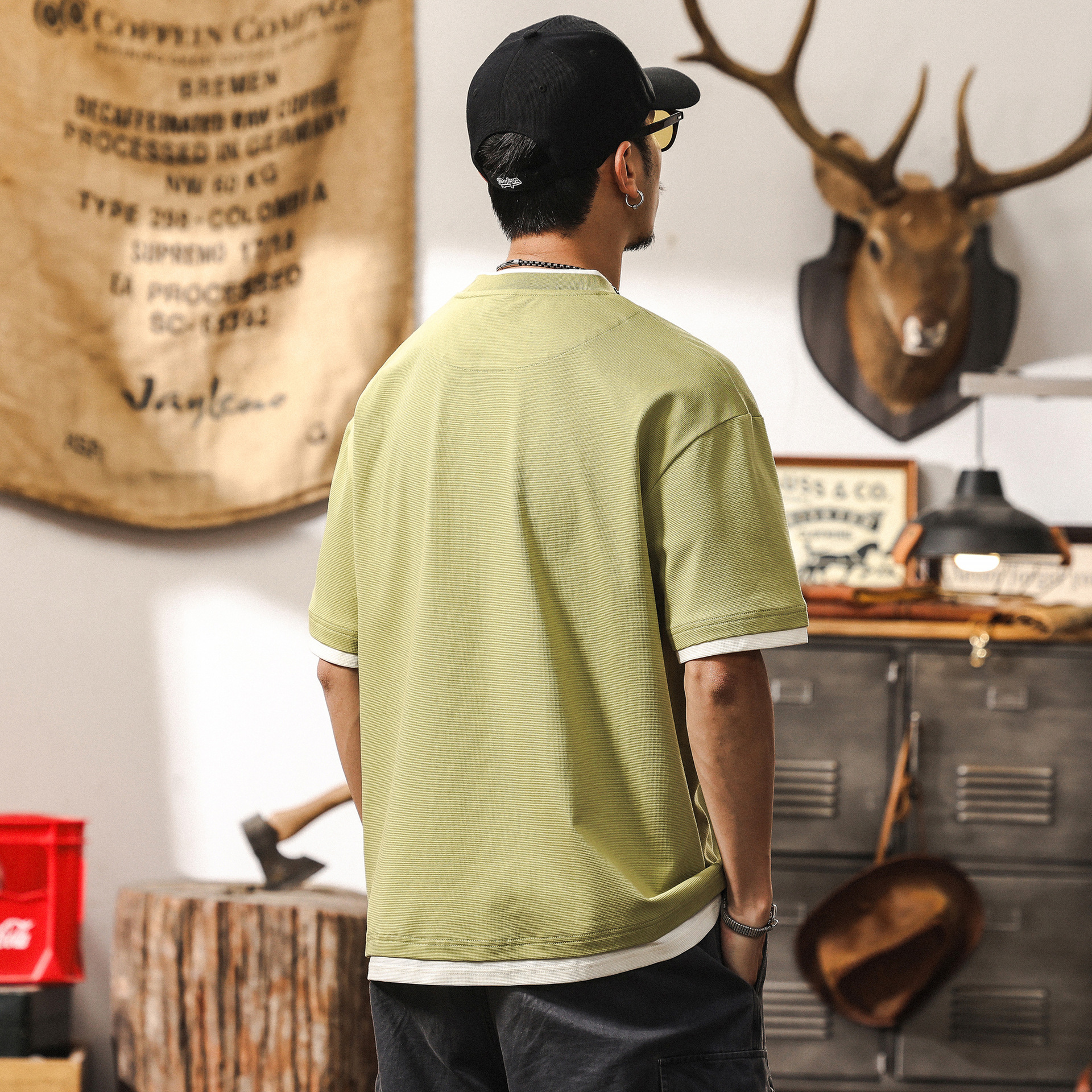 32支華夫格肌理感短袖男款夏季索羅娜涼感T恤男寬鬆假兩件上衣男