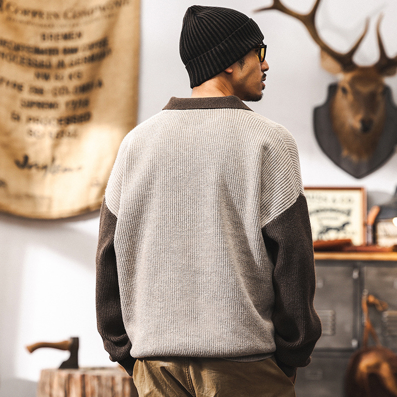 美式700g重磅復古毛衣男秋冬款潮牌寬鬆假兩件polo領針織衫外套男