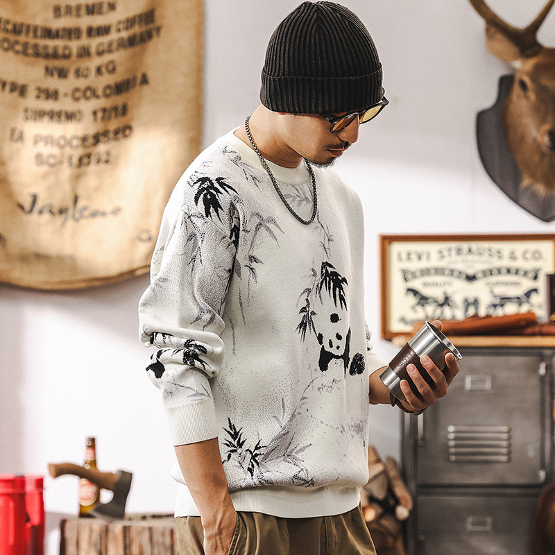 國潮熊貓提花毛衣男冬季潮流男士內搭秋冬款寬鬆國風潮流針織衫男