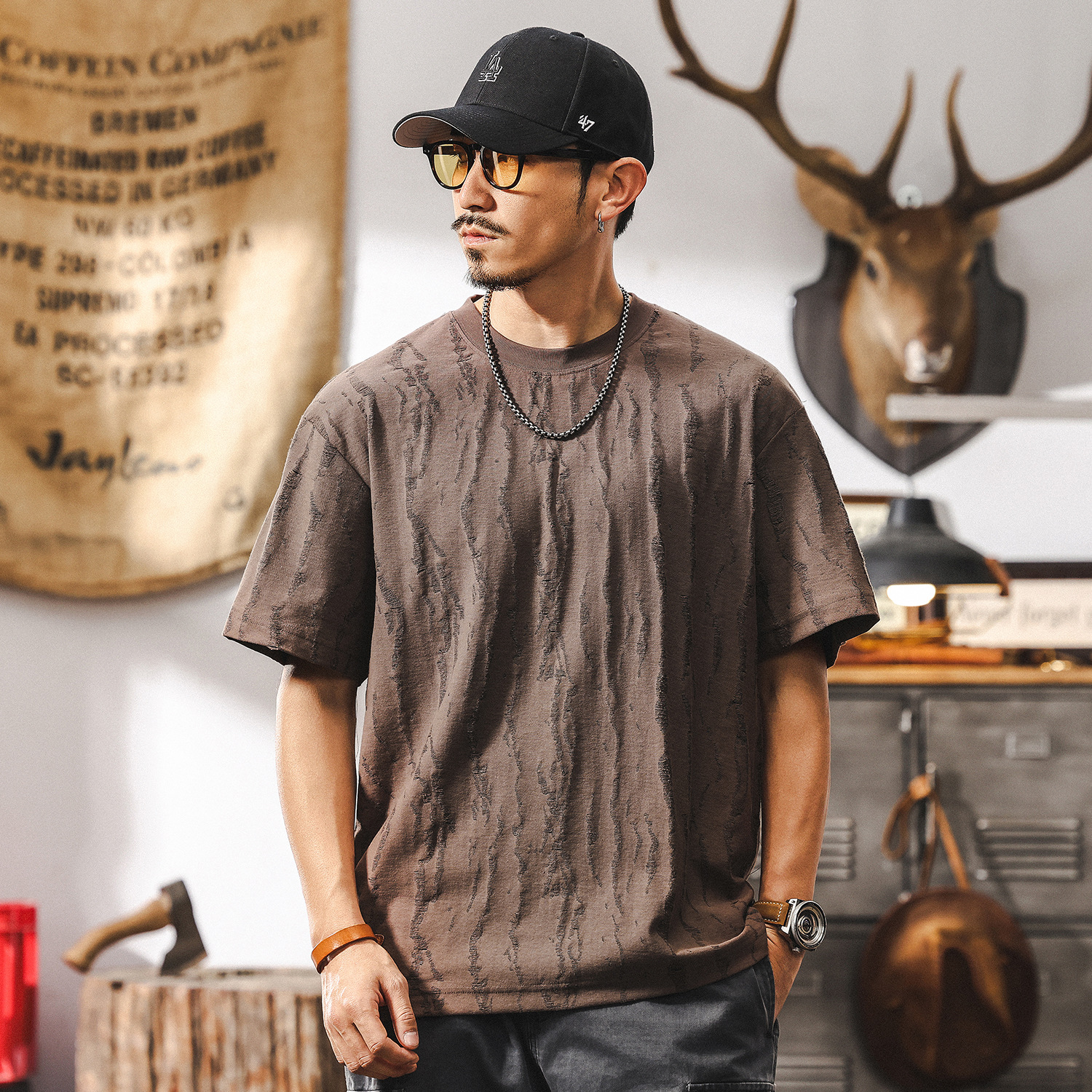 美式痞帥高級感T恤夏季短袖2025新款潮牌高端提花設計感男士上衣