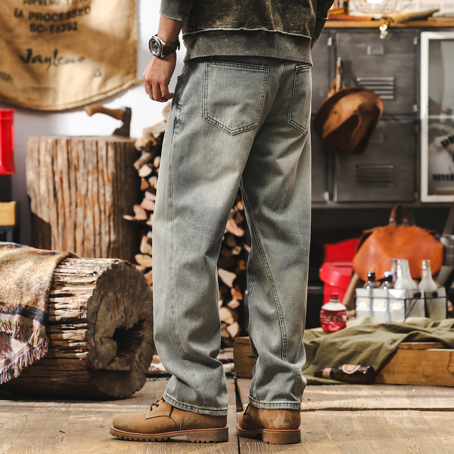 美式復古分割立體剪裁牛仔褲男直筒春季潮牌黃泥染水洗休閒長褲男