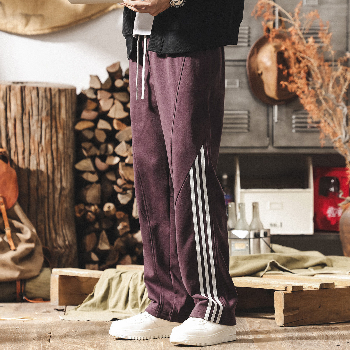 美式復古條紋運動厚棉褲男2026春季潮流新款直筒男士褲子寬鬆休閒