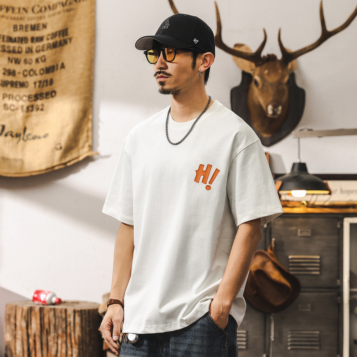 美式復古重磅白色T恤男夏季男士短袖2025新款寬鬆休閒衣服男
