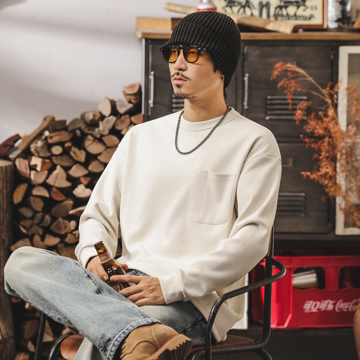 美式復古410g重磅賽爾絨衛衣男春秋新款寬鬆基礎純色內搭打底衫男