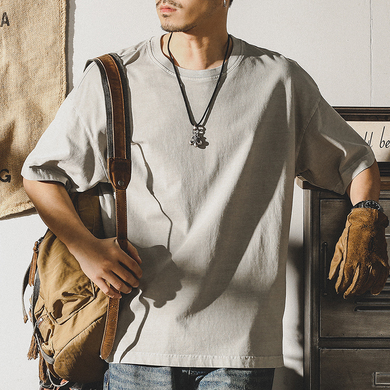 杰雷諾美式復古短袖T恤男圓領體恤男士夏季純色打底衫內搭上衣潮T