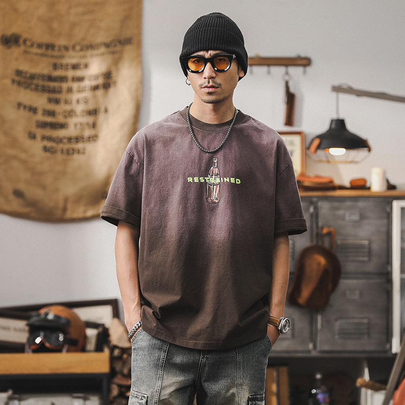 夏季咖色重磅T恤男短袖個性創意印花潮流男士半袖寬鬆上衣男