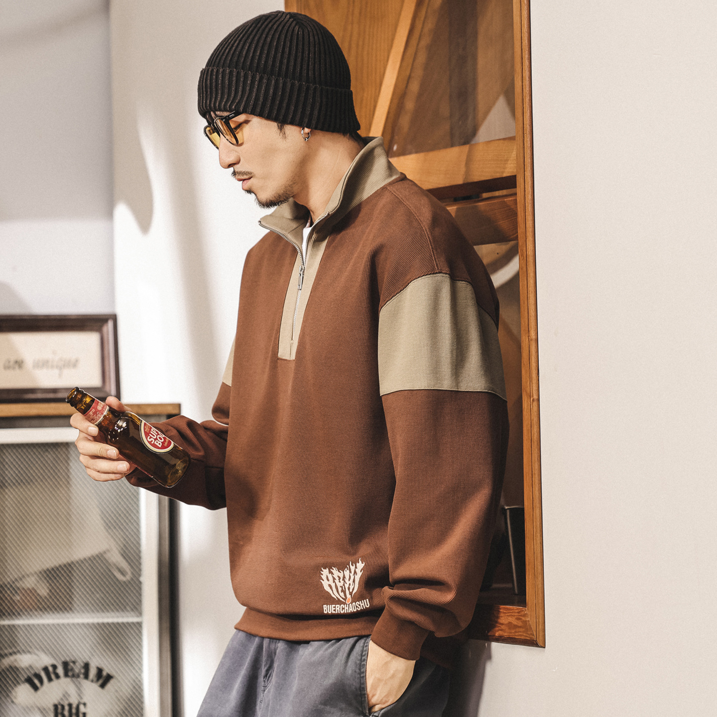 美式復古半拉鍊重磅衛衣男春秋2025新款撞色拼接寬鬆休閒上衣男潮