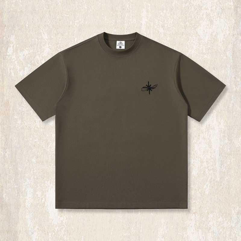 【涼感科技】美式復古簡約刺繡短袖男夏季T恤潮牌寬鬆酒紅色上衣