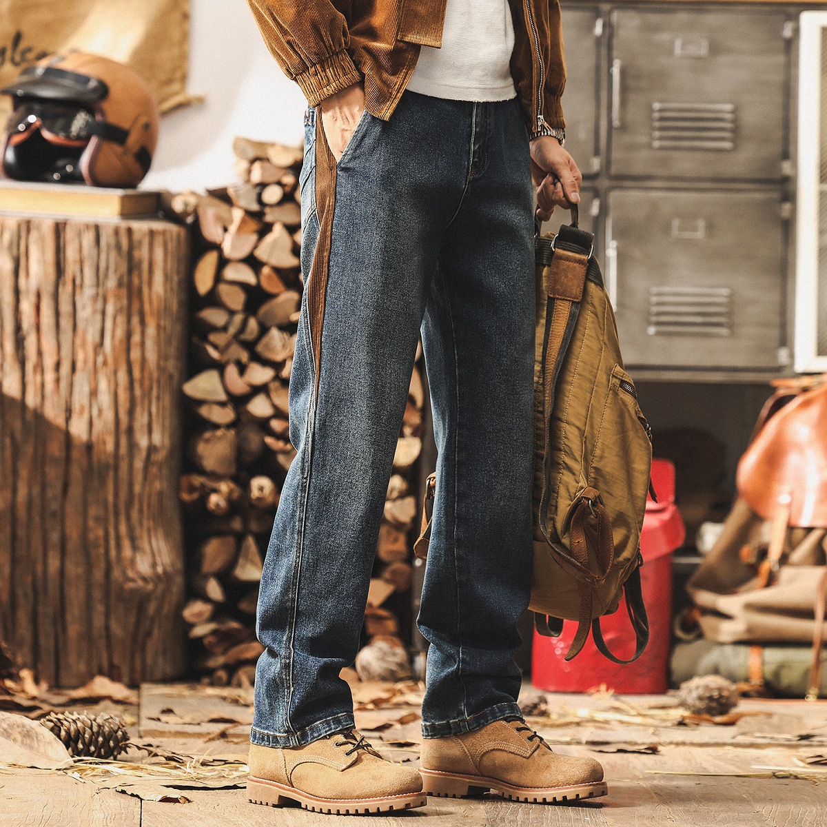 美式復古牛仔褲男士2025秋季新款寬鬆直筒水洗潮牌拼接痞帥休閒褲