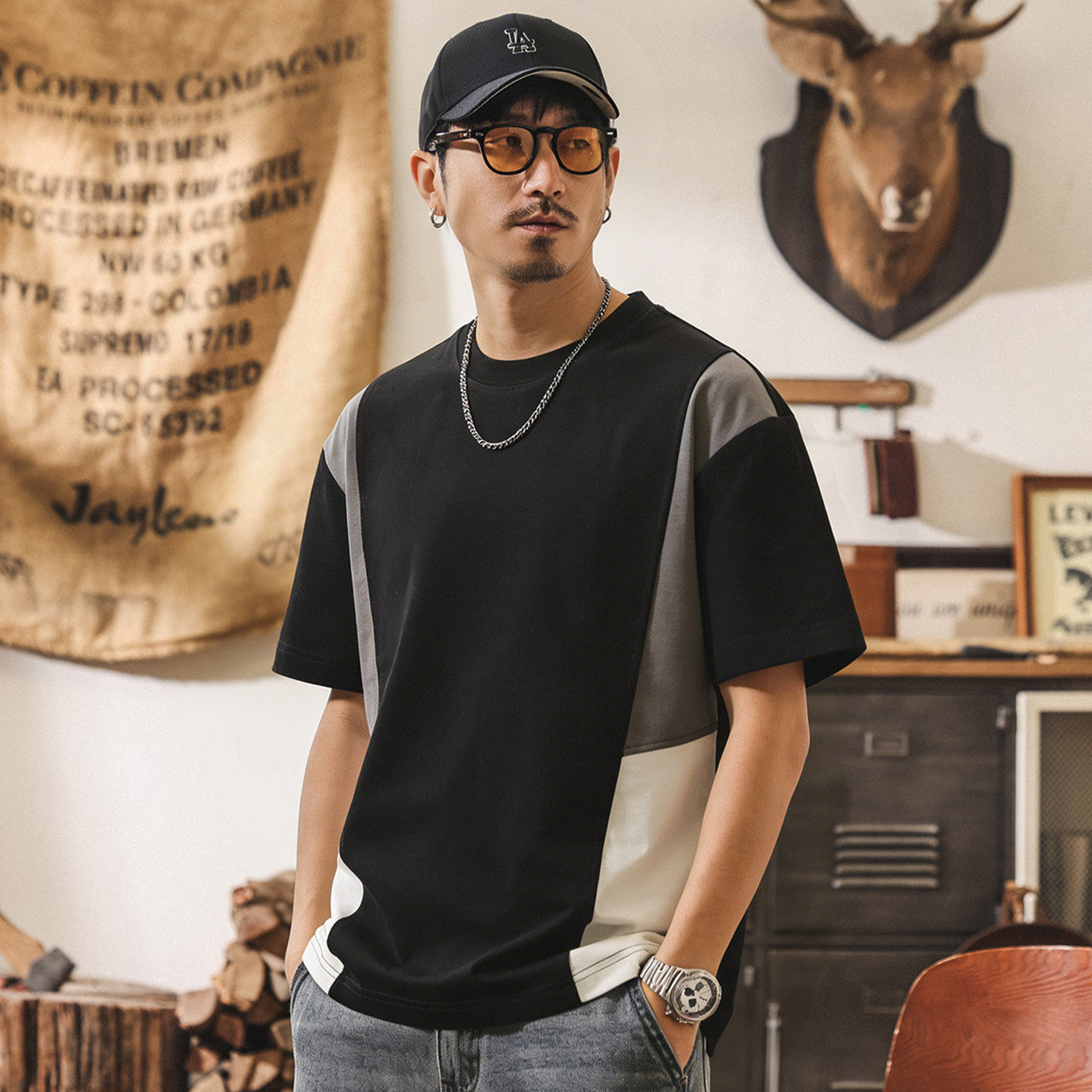 拼接撞色涼感棉男士短袖T恤夏季新款潮牌美式休閒復古寬鬆上衣男