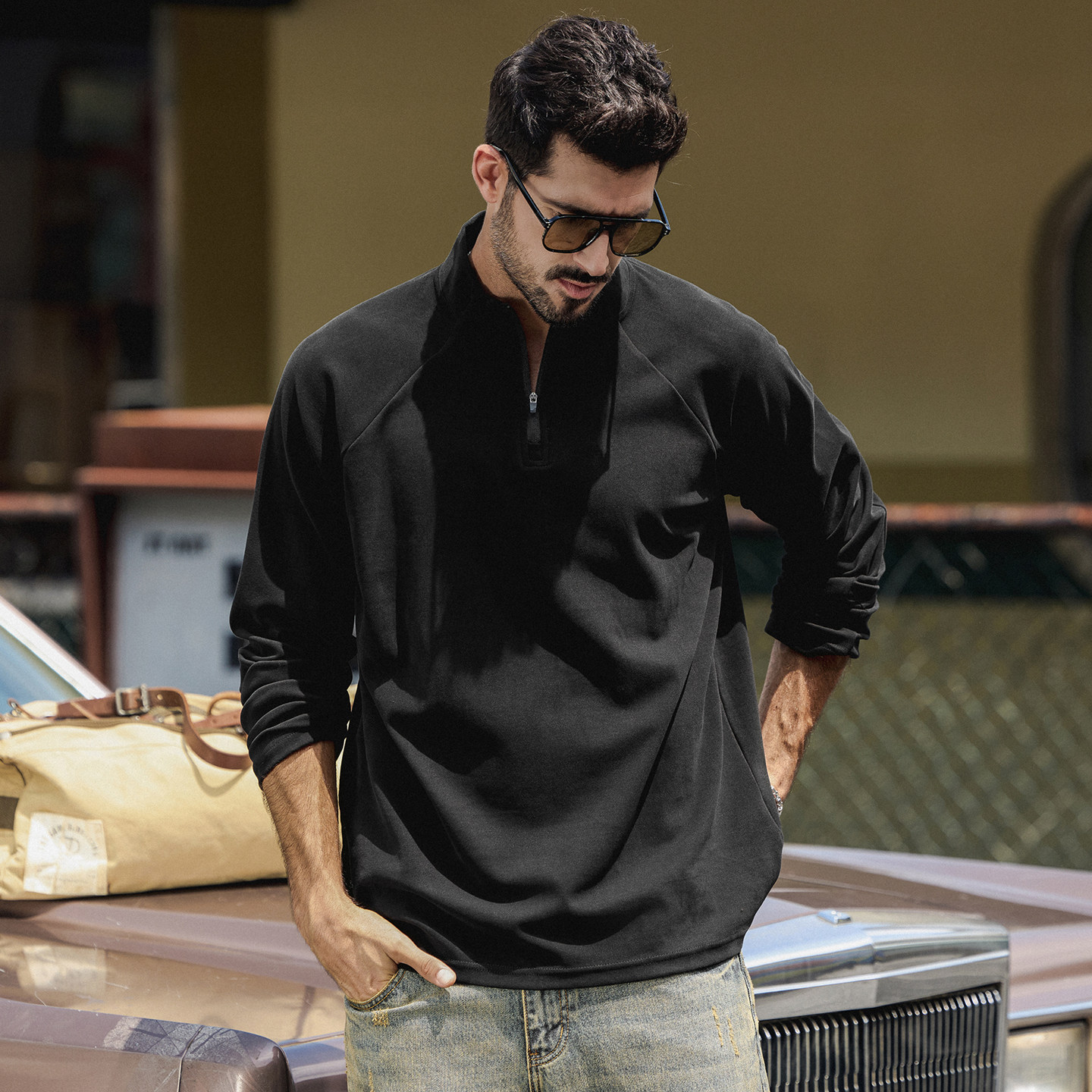 美式復古重磅T恤男春季新款拉鍊半高領衛衣男寬鬆打底衫長袖上衣