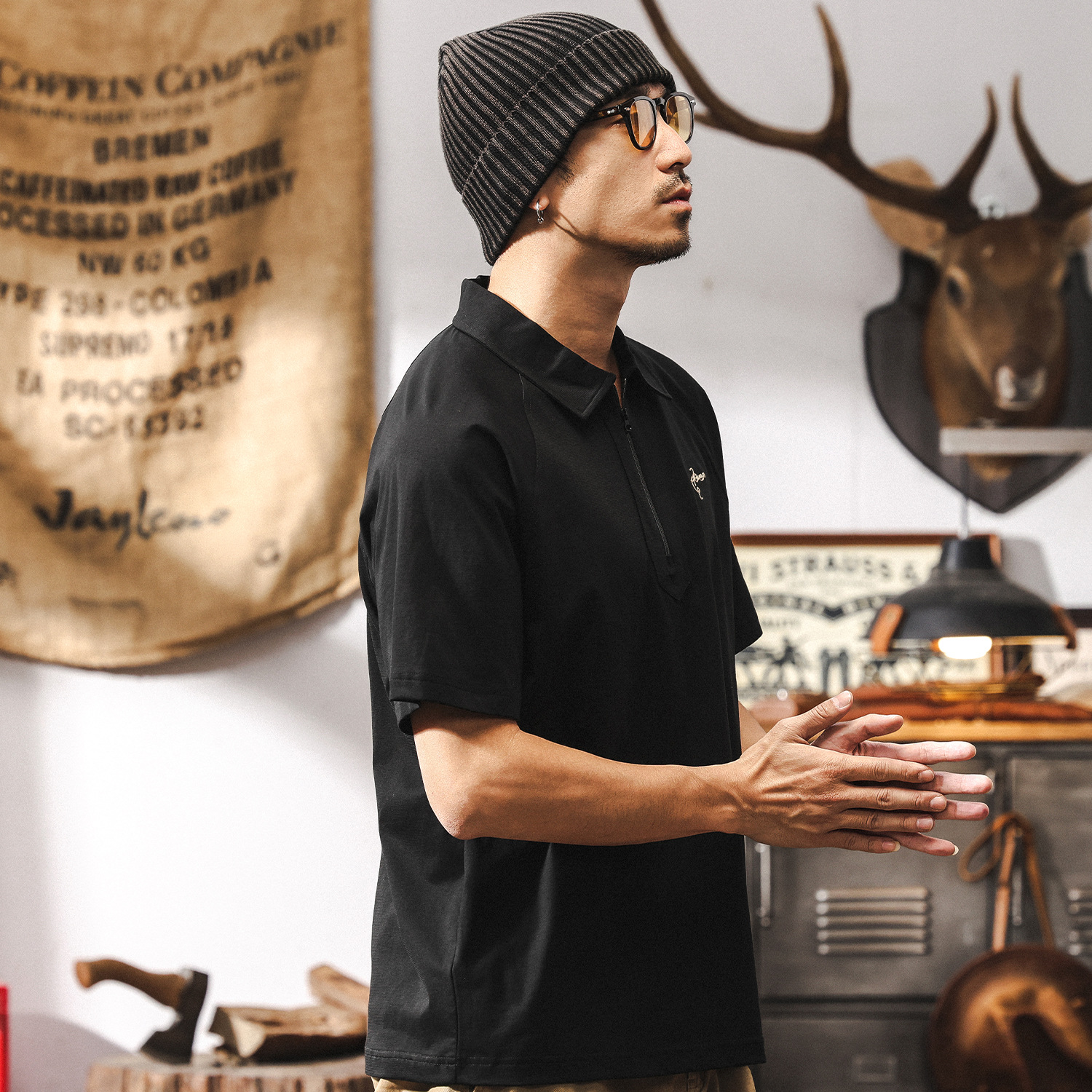 【彈力梭織】高端復古半拉鏈短袖男T恤夏季潮流百搭休閒POLO衫男T