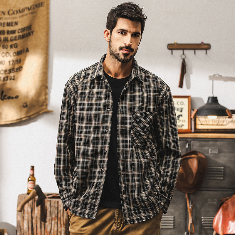 美式復古色織格子襯衫男長袖秋季寬鬆2024新款日系潮牌工裝外套男