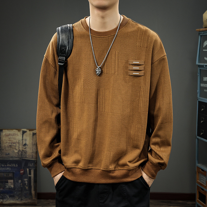 秋冬新款重磅提花衛衣男美式復古寬鬆大碼打底衫加絨拼接圓領上衣