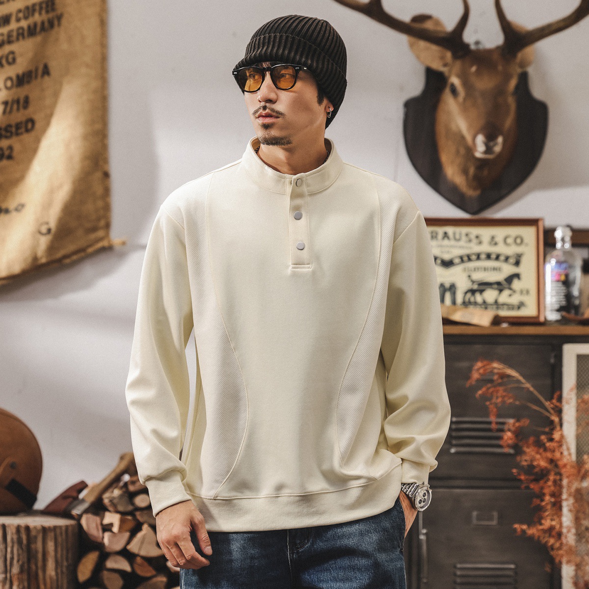 美式復古亨利領重磅衛衣男秋季新款拼接撞色寬鬆大碼休閒立領上衣