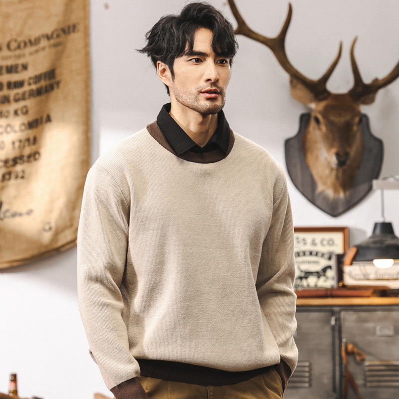 美式復古假兩件針織衫男冬季加厚保暖毛衣2024新款格雷系秋冬外套