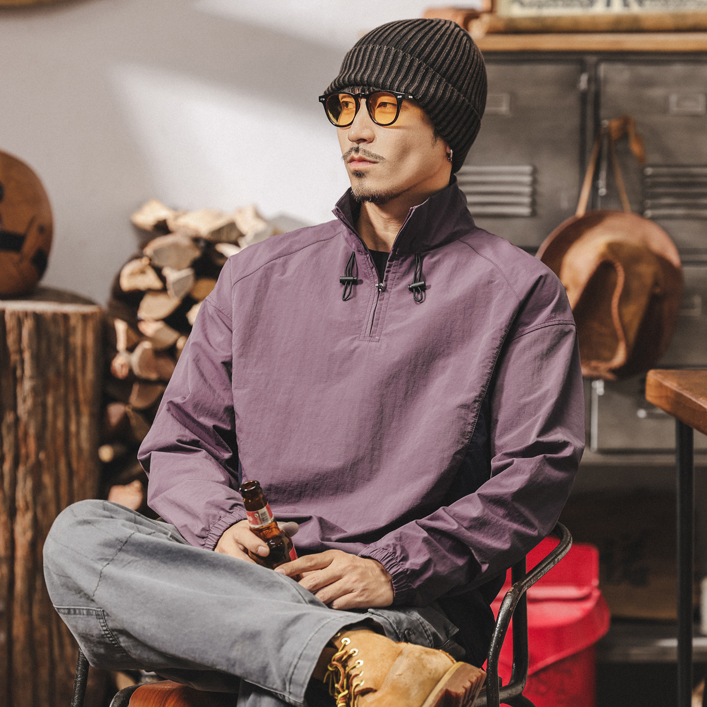 戶外速幹長袖t恤男秋季2025新款寬鬆潮流撞色拼接半拉鍊運動上衣