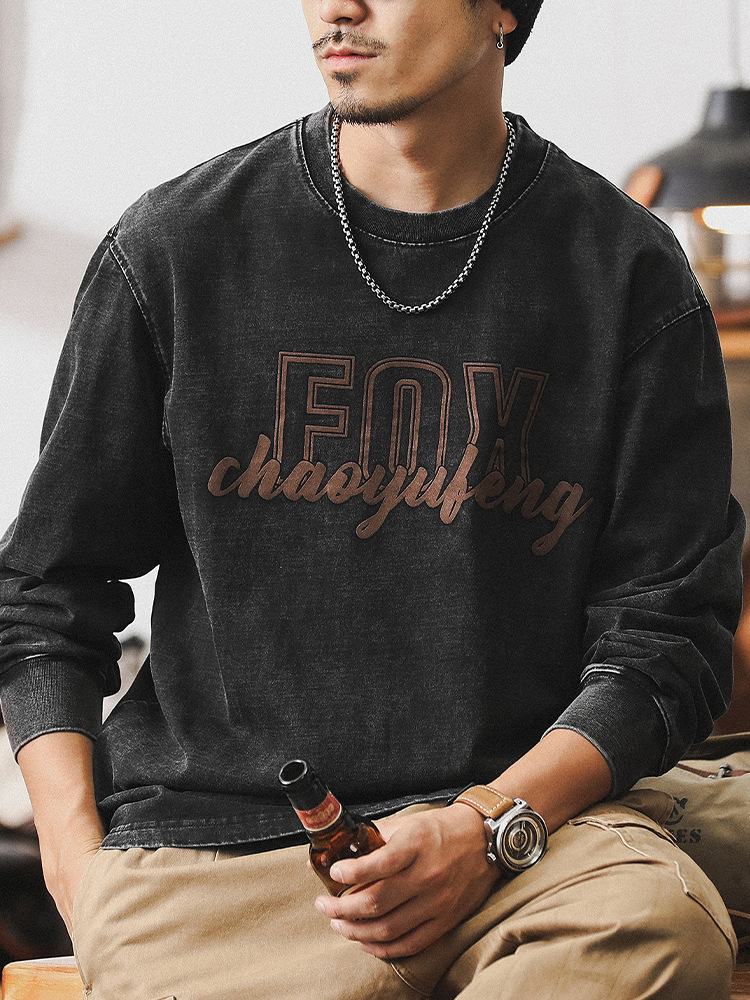 美式重磅複古長袖T恤男秋季炒砂水洗上衣潮2024新款寬松男裝