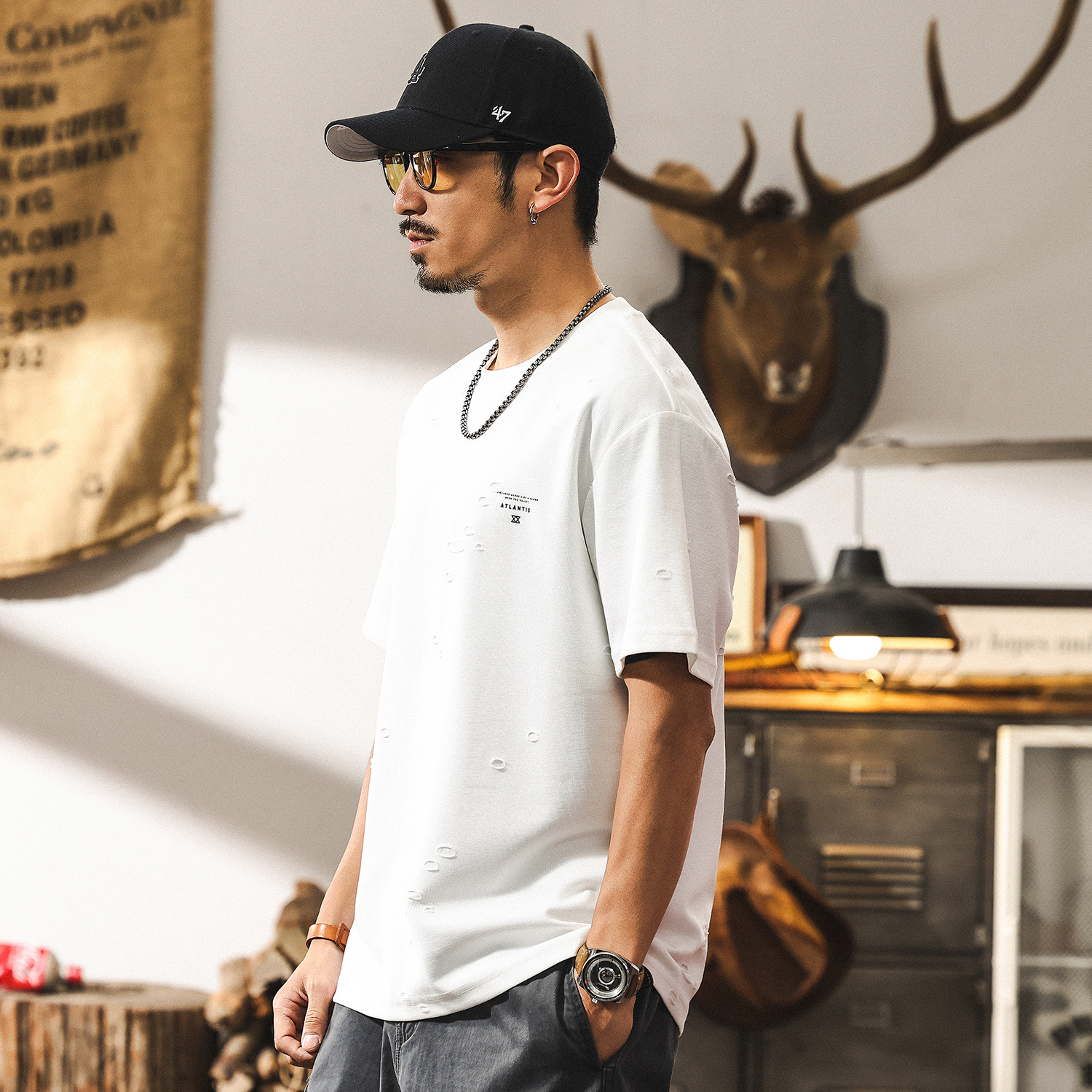 美式復古重磅短袖男款夏季潮牌破洞設計感男士T恤男寬鬆半袖上衣