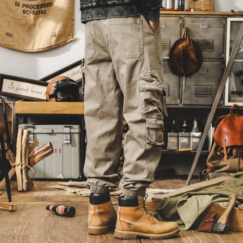 傑雷諾美式複古卡其色束腳休閑褲男春秋潮牌寬松多口袋工裝褲男款