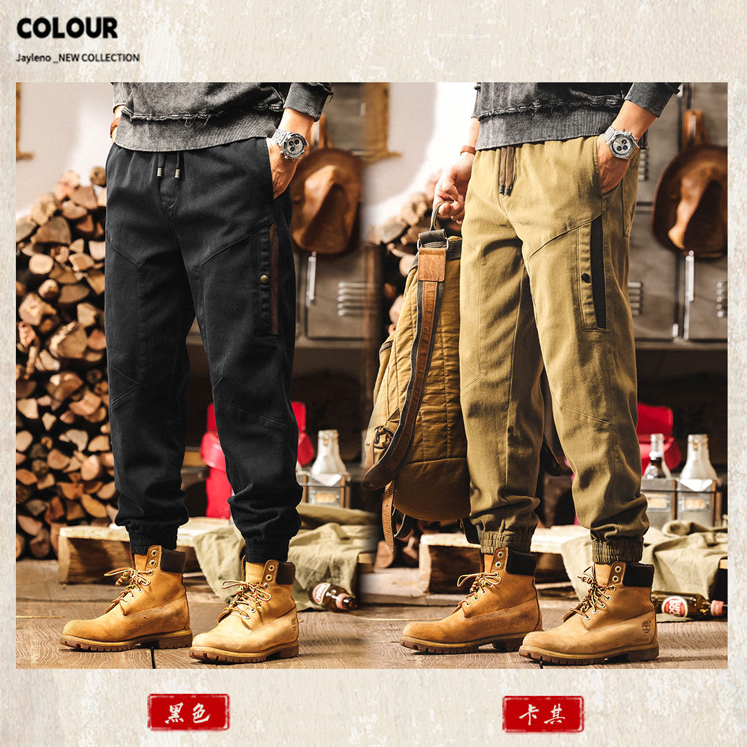 美式復古工裝褲子男秋季2025新款長褲男士拼接束腳卡其色休閒褲潮