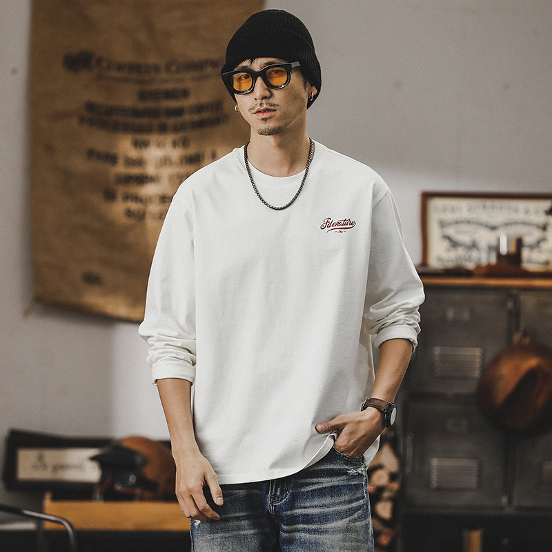 春季新款男士長袖T恤美式重磅2024新款潮牌白色衣服男士上衣