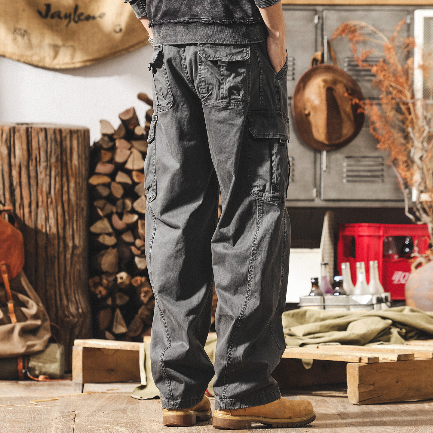 美式復古vibe風水洗廓形工裝褲子男春季新款寬鬆闊腿直筒休閒褲男