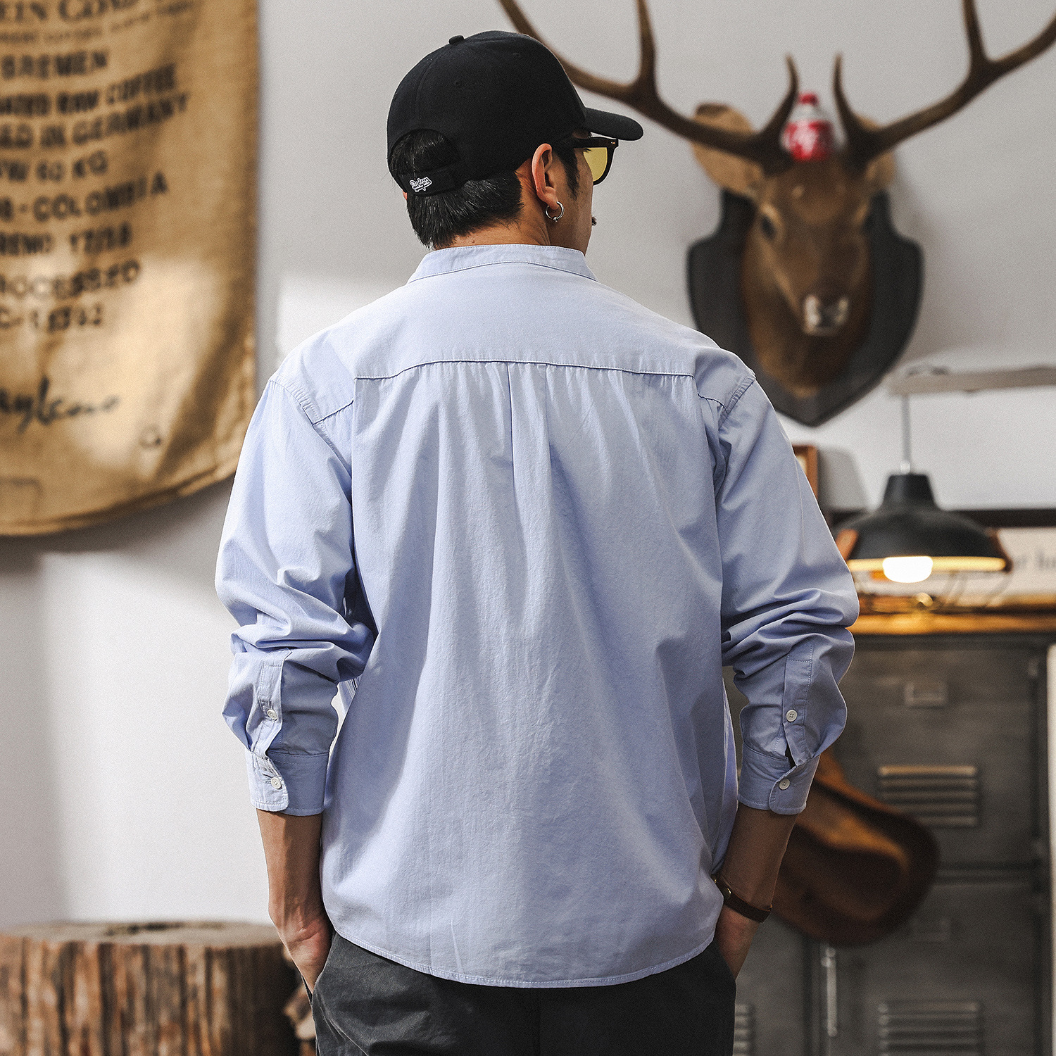 美式復古立領襯衫男秋季2025新款日系潮流簡約百搭休閒襯衣男上衣