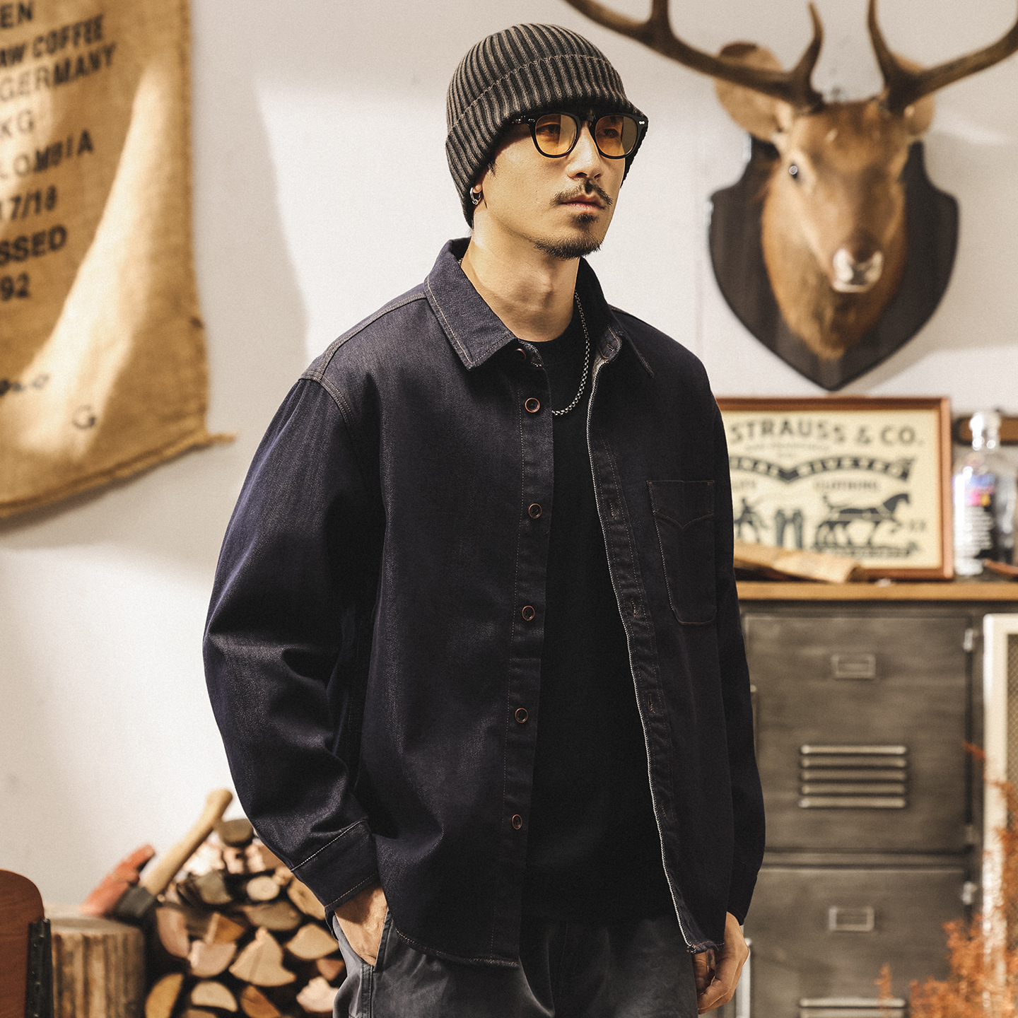 美式復古丹寧水洗牛仔襯衫男春秋2025新款潮流線寬鬆休閒襯衣外套