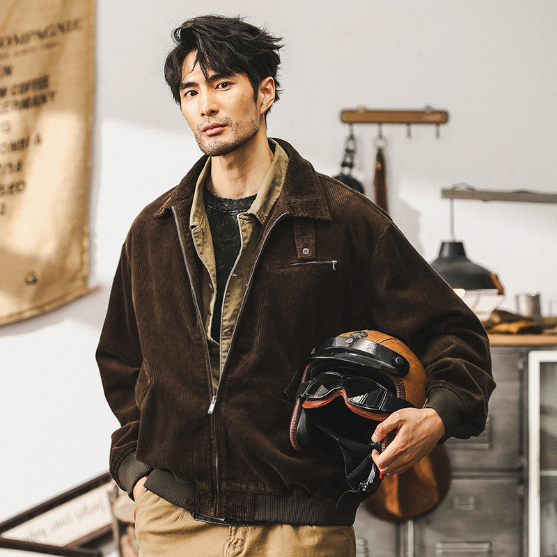 美式復古重磅燈芯絨外套男寬鬆秋季潮牌肌理痞帥硬核工裝教練夾克