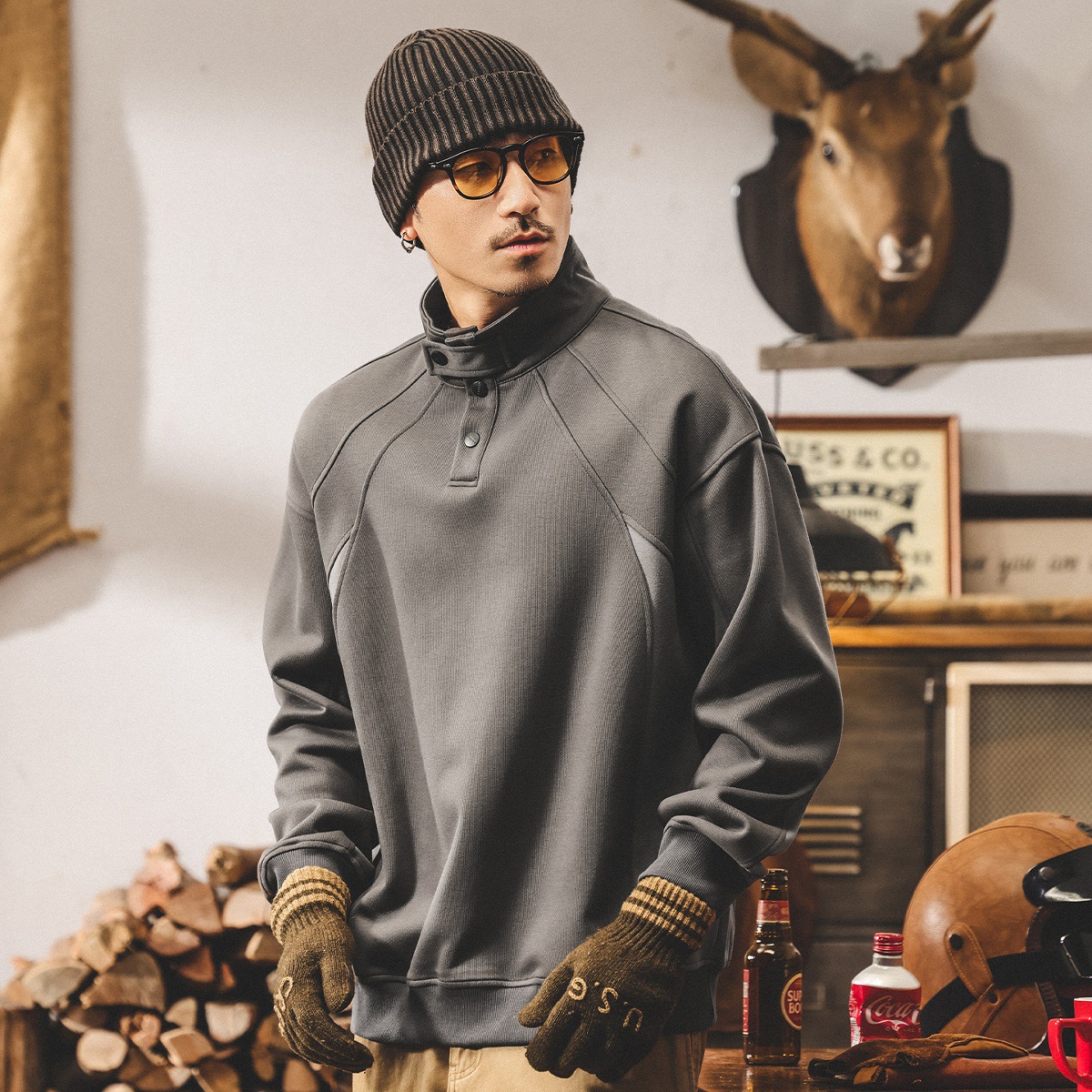 美式復古酒紅色半高領重磅衛衣男春秋新款潮牌寬鬆潮流休閒上衣男