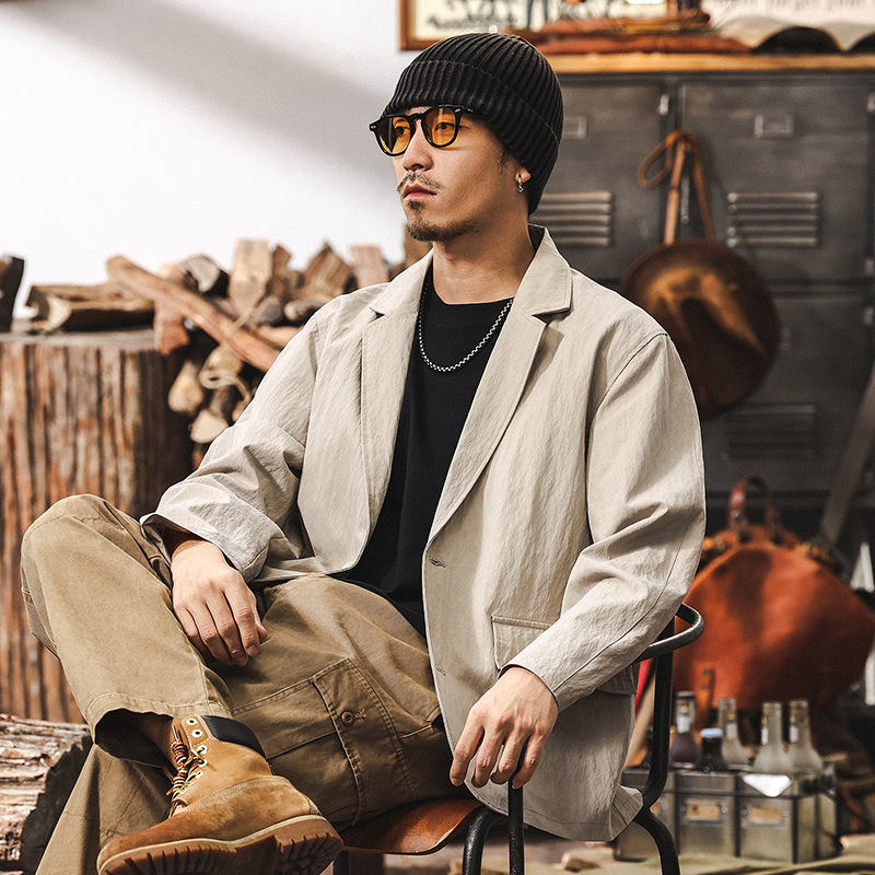 萊賽爾天絲高級感休閒西服男秋季新款寬鬆潮流西裝夾克薄款外套男